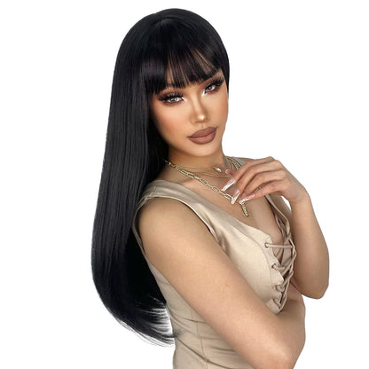 ENTRANCED STYLES Black Wig for Women Long Straight Black Wigs with Bangs Black Hair Wigs Heat Resistant Synthetic Womens Wig for Daily Party Christmas Halloween Use 22 Inch （1B