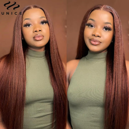 UNICE Bye Bye Knots Glueless Wig Reddish Brown Yaki Straight 7x5 Pre Cut Lace Glueless Wigs Human Hair Pre Plucked Pre Bleached Invisible Knots Human Hair Wig 14 inch
