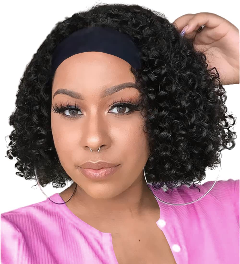 Aiterina Deep Wave Headband Wig 10 Inch Glueless Human Hair Wigs Machine Made No Lace Curly Hair Wigs Headband Wig Natural color