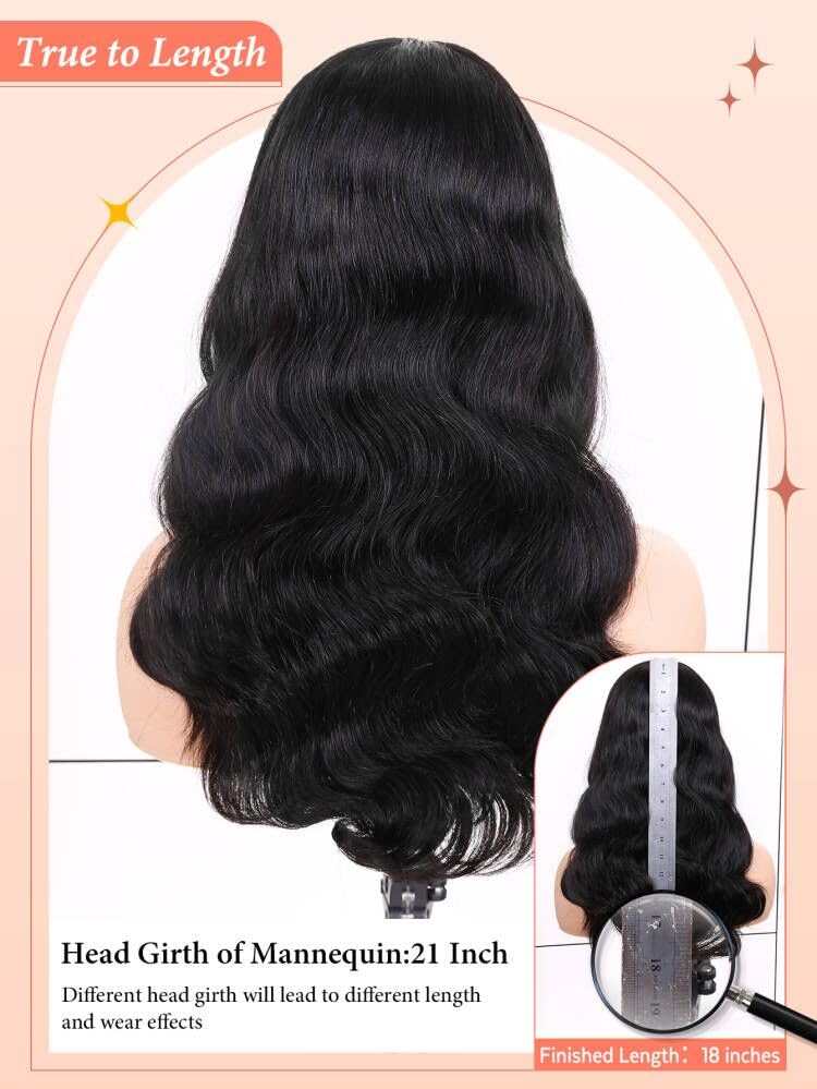 WIGNEE Natural Wave Wigs with Bangs 100% Brazilian Human Hair Wave Wigs Natural Black (18 Inch 1B)