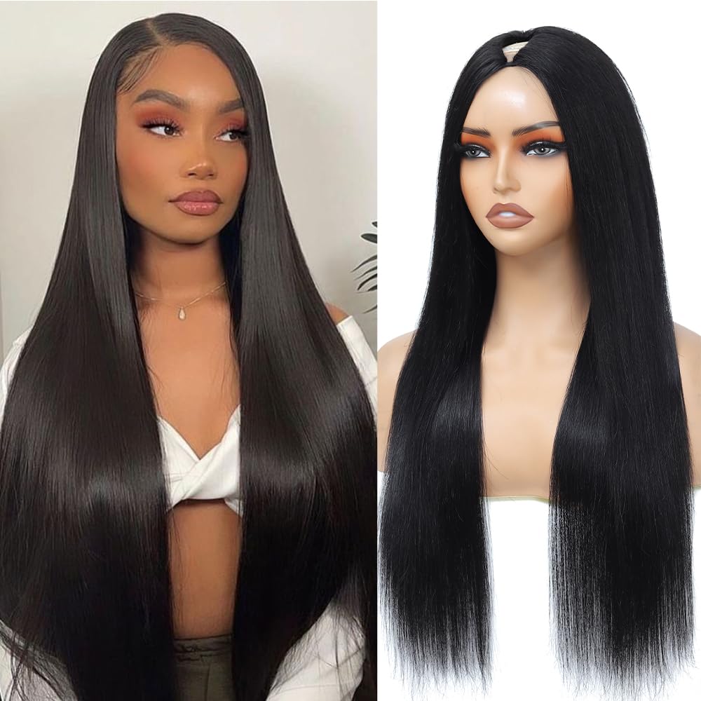Aolvoblees V Part Wig Human Hair Straight No Leave Out Upgrade U Part Wig for Women Clip in Half Wig Beginner Friendly 200% Density No Lace No Glue No Sew Natural Black 20 Inch