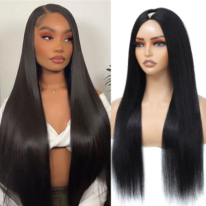 Aolvoblees V Part Wig Human Hair Straight No Leave Out Upgrade U Part Wig for Women Clip in Half Wig Beginner Friendly 200% Density No Lace No Glue No Sew Natural Black 20 Inch