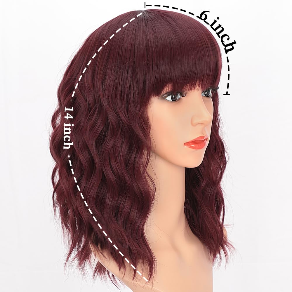 AISI HAIR Curly Bob Wig with Bangs Short Wavy Wine Red Color Wigs for Women Bob Style Synthetic Heat Resistant Bob Wigs