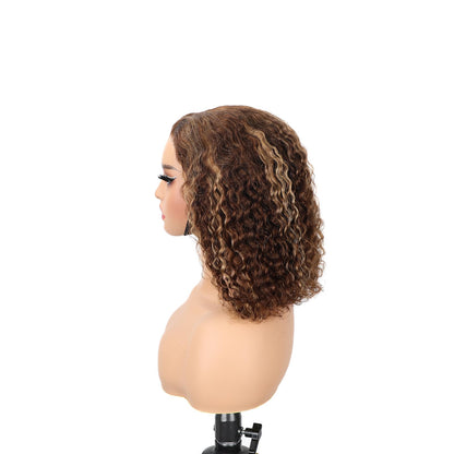 ISEE Wear and Go Glueless Wigs Bob Water Wave Human Hair Pre Plucked Pre Cut Ombre Highlight Bob Wig Human Hair for Women 180% Density Transparent Lace Front Wigs Ready to Wear for Beginners 10 Inch