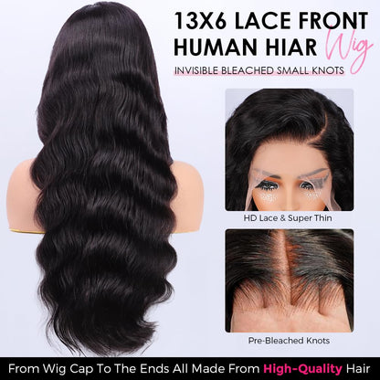 Wingirl 13x6 Body Wave Lace Front Wigs Human Hair Pre plucked Pre bleached Small Knots With Baby Hair 200 Density Glueless Human Hair Wigs For Women 28Inch HD Lace Frontal Wig With Soft