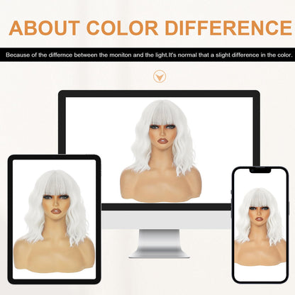 AGO White Wavy Wig with Bangs,Short Curly Bob Wig Shoulder Length 14Inch Synthetic Hair for Women Girl Heat Resistant Synthetic Colorful Wigs for Daily Party Halloween Cosplay Use(60#White)