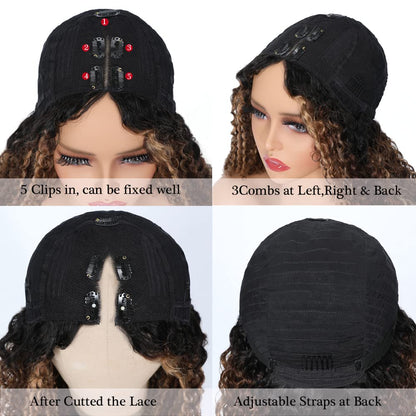 UNICE Curly V Part Wigs Human Hair Balayage Brown Highlight Clip in Upgrade U Part Wig No Leave Out Wear Go Glueless Human Hair Wig Beginner Friendly 18 inch