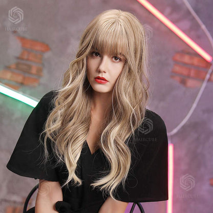 HAIRCUBE 24 Inch Ash Blonde Wig Long Curly Wigs for Women Heat Resistant Synthetic Wigs for White Women with Bangs Gray