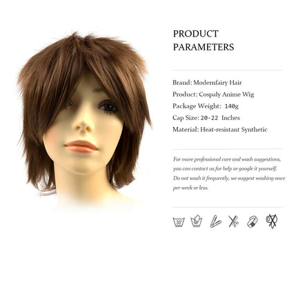 Modernfairy Anime Halloween Wig Light Brown for Cosplay Party, Synthetic Layered Short Hair Wigs with Bangs, Pastel Wigs for Women Men