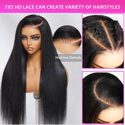 7X5 HD Glueless Wigs Human Hair Pre Plucked Pre Cut Pre Bleached Knots,Wear and Go Glueless Wigs,Straight Lace Front Closure Wig for Black Women 200% Density 26 Inch
