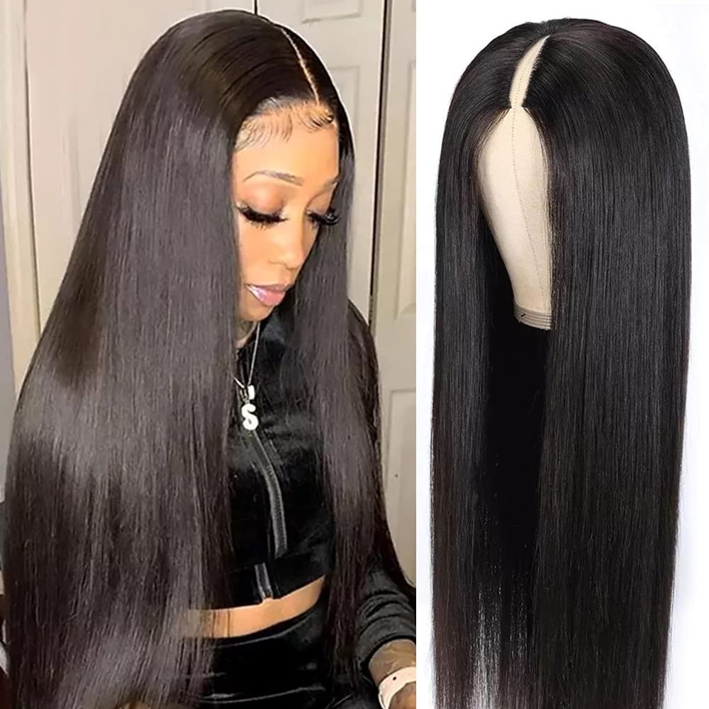 Pobokix Straight V Part Wigs Human Hair Upgrade U Part Human Hair Wigs for Black Women Glueless Clip In Half Wig 180% Density Natural Color (14inch)
