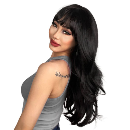 N NAYASA Long Black Wigs with Bangs Layered Wigs for Women Synthetic Heat Resistant Wig Natural Looking Realistic Wigs for Daily Party Use (24 inch)