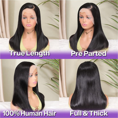 HIRIREMY Bob Wig Human Hair 13x4 HD Lace Frontal Short Straight Lace Front Bob Wigs for Black Women Human Hair Pre Plucked Glueless Side Part 180% Density Black Color 18 Inch
