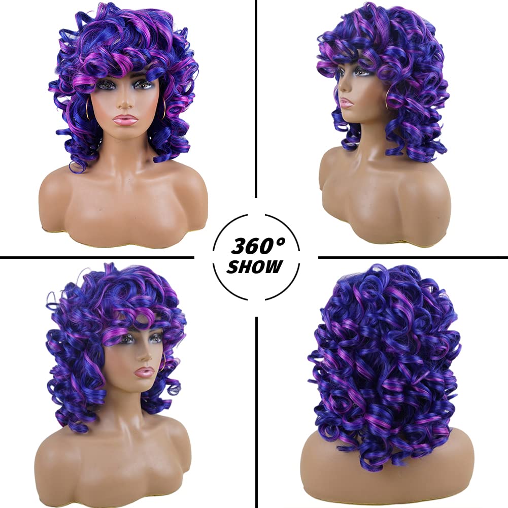 andromeda Short Curly Wigs for Black Women Soft Mixed Blue Purple Big Curly Wig with Bangs Cute Loose Curly Cosplay Party Daily Synthetic Wig for African American Women（Mixed Blue Purple）