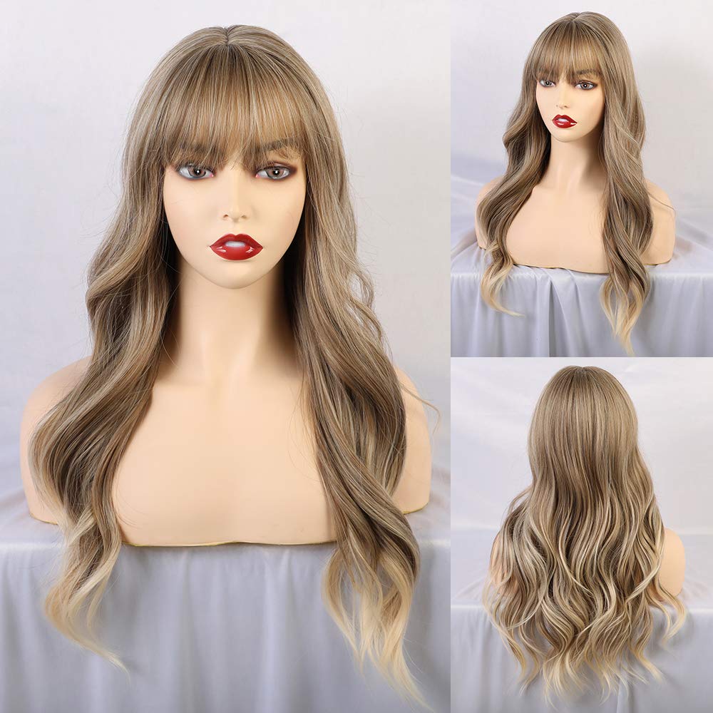 HAIRCUBE 24 Inch Ash Blonde Wig Long Curly Wigs for Women Heat Resistant Synthetic Wigs for White Women with Bangs Gray