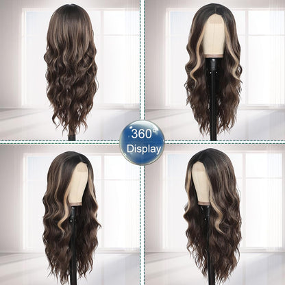 Long Brown Wig for Women 26Inch Wavy Curly Brown Highlight Blonde Hair Wigs Synthetic Hair Replacement Wig Heat Resistant Hair Wig for Daily Party Use Halloween Costume Wigs