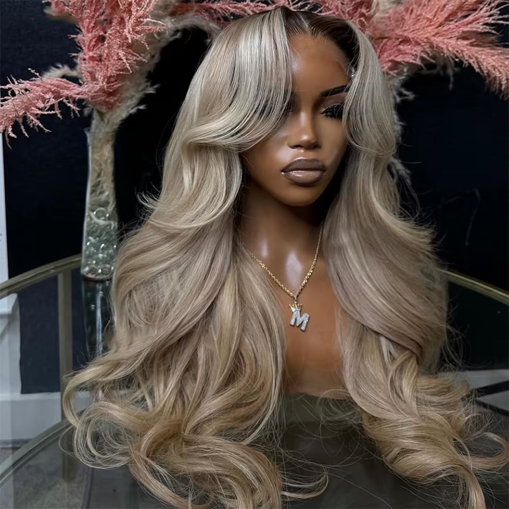 CIYOO 200% Density Milk Tea Ombre Ash Blonde Lace Front Wig Human Hair Upgrades 13x6 Body Wave Lace Front Wig for Women Hd Invisible Frontal Pre Plucked Ombre Blonde Human Hair Wig 22 Inch