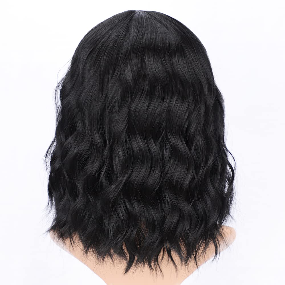 AISI HAIR Bob Curly Wig Synthetic Short Black Wig with Bangs Natural Looking Heat Resistant Fiber Hair for Women