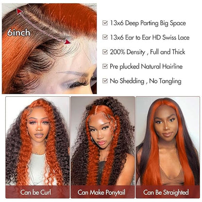 250 Density Curly Lace Front Wigs Human Hair Pre Plucked Hairline Glueless Wig 13x6 HD Lace Frontal Wigs for Women Ginger Orange Colored Ombre Wig Brazilian Virgin Hair 24 Inch