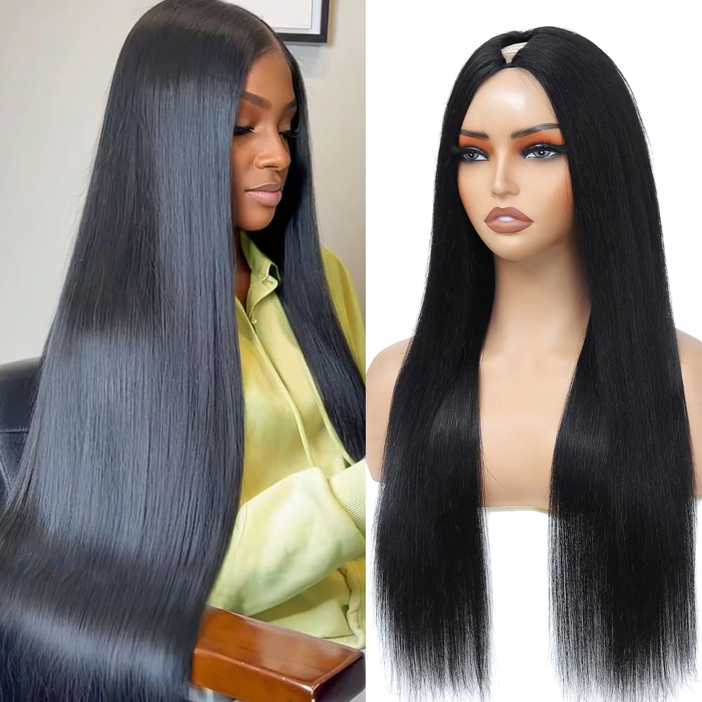 Aolvoblees V Part Wigs Human Hair Straight Minimal/No Leave Out Upgrade U Part Wig for Black Women Clip in Half Wig 200% Density No Lace No Glue No Sew Natural Black 18 Inch