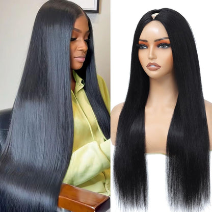 Aolvoblees V Part Wigs Human Hair Straight Minimal/No Leave Out Upgrade U Part Wig for Black Women Clip in Half Wig 200% Density No Lace No Glue No Sew Natural Black 18 Inch