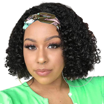 Headband Wig Human Hair Deep Wave 10 inch None Lace Front Wig Human Hair Machine Made Wigs Glueless Curly Hair Headband Half Wigs for Black Women Human Hair Natural Color