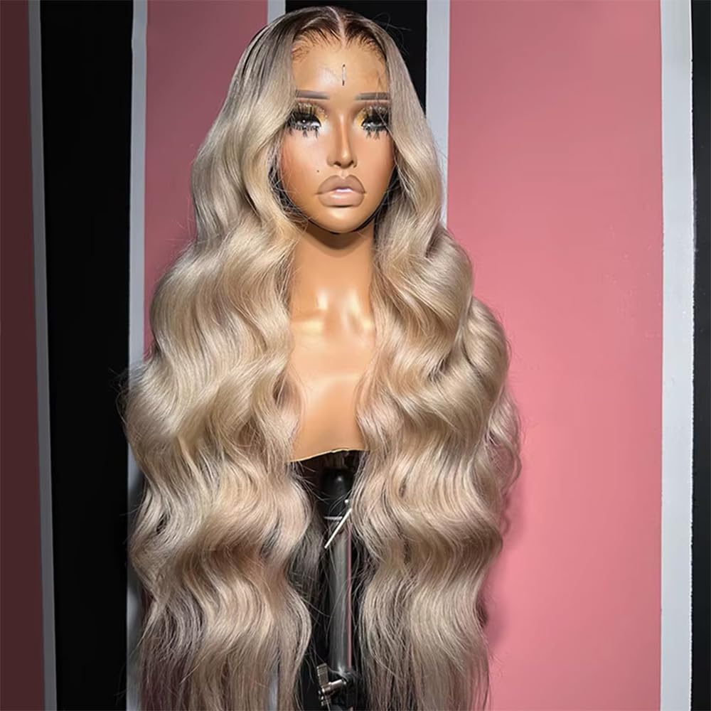 CIYOO 13x6 Ombre Ash Blonde Wigs Human Hair 200% Density Ash Blonde Body Wave Lace Front Wigs for Women Milk Tea Blonde Colored Human Hair Wigs Pre Plucked 28 Inch