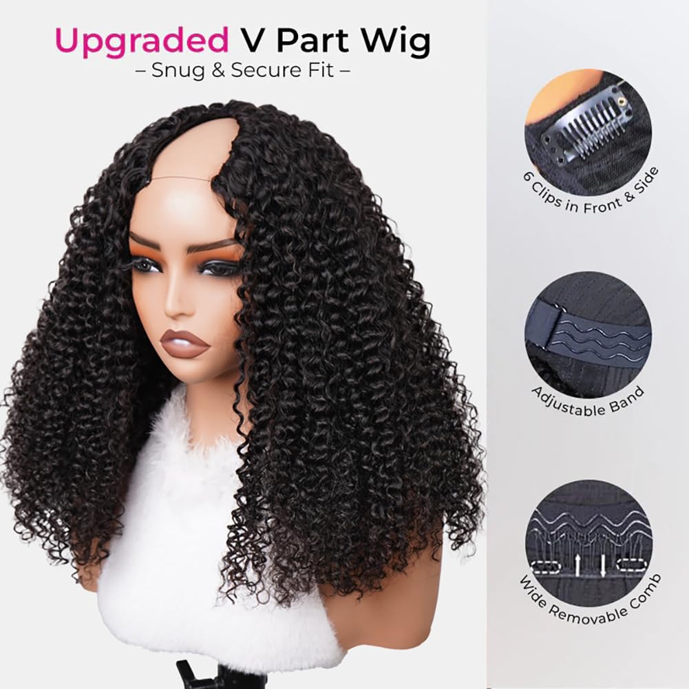 ISEE V Part Human Hair Kinky Curly Minimal/No Leave Out Upgrade U Part Wig for Black Women V Shape Kinky Curly Thin Part Glueless Clip In Half Wig 180% Density Natural Color 14 Inch