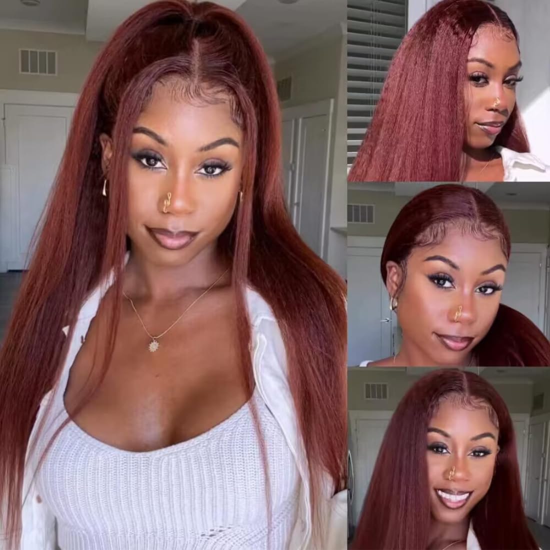 UNICE Bye Bye Knots Glueless Wig Reddish Brown Yaki Straight 7x5 Pre Cut Lace Glueless Wigs Human Hair Pre Plucked Pre Bleached Invisible Knots Human Hair Wig 14 inch