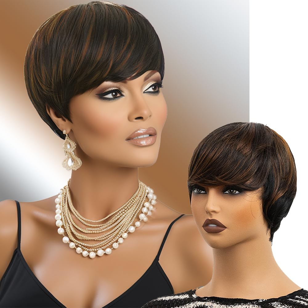 MUJGOO Pixie Wigs Short Wigs for Black Women Brown Short Pixie Cut Wigs for Black Women Layered Wigs with Bangs for Women (Mixing black and brown)