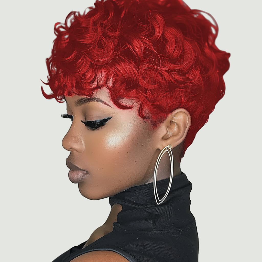 MUJGOO Red Pixie Cut Wig for Black Women with Bangs Short Wigs for Black Women(Red)
