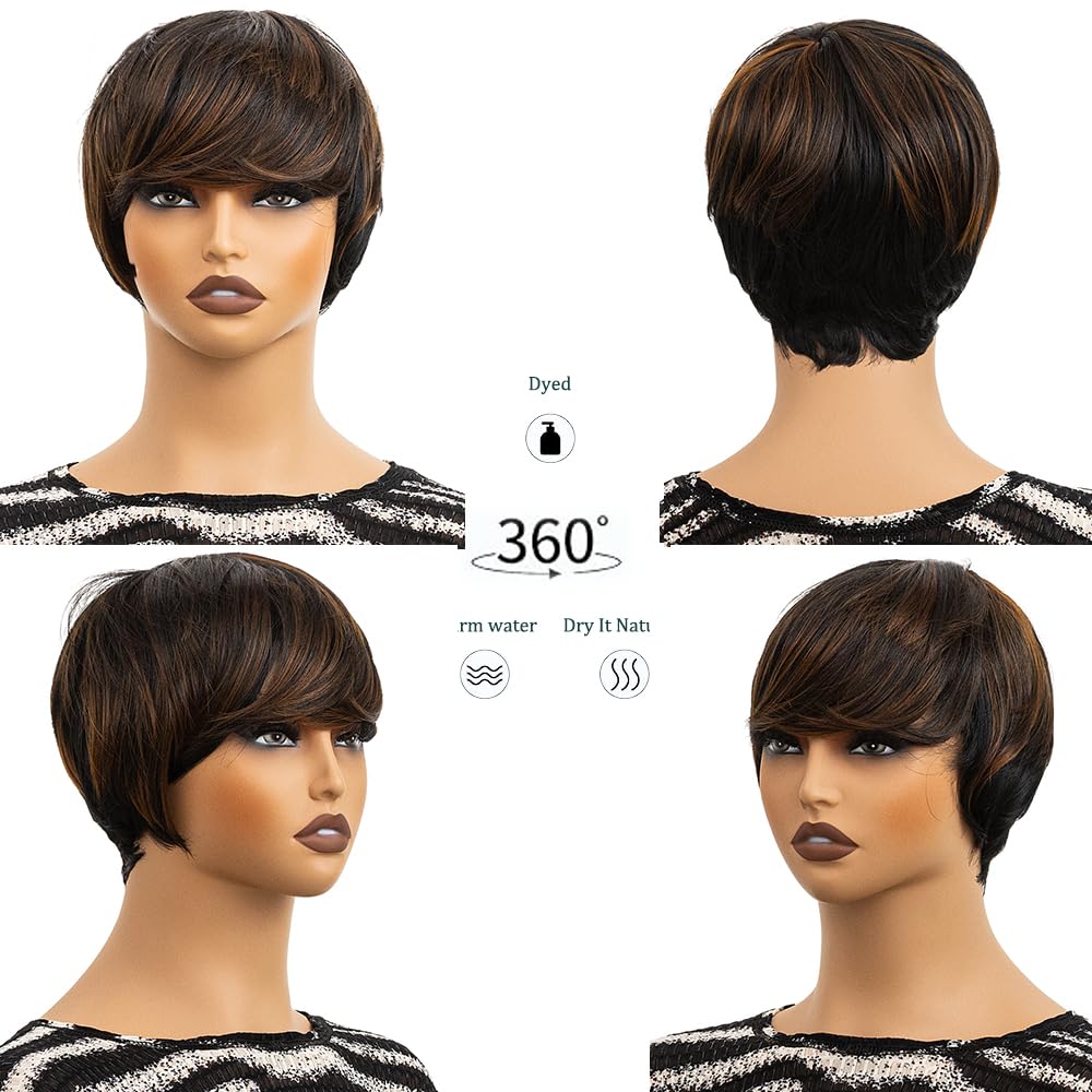 MUJGOO Pixie Wigs Short Wigs for Black Women Brown Short Pixie Cut Wigs for Black Women Layered Wigs with Bangs for Women (Mixing black and brown)