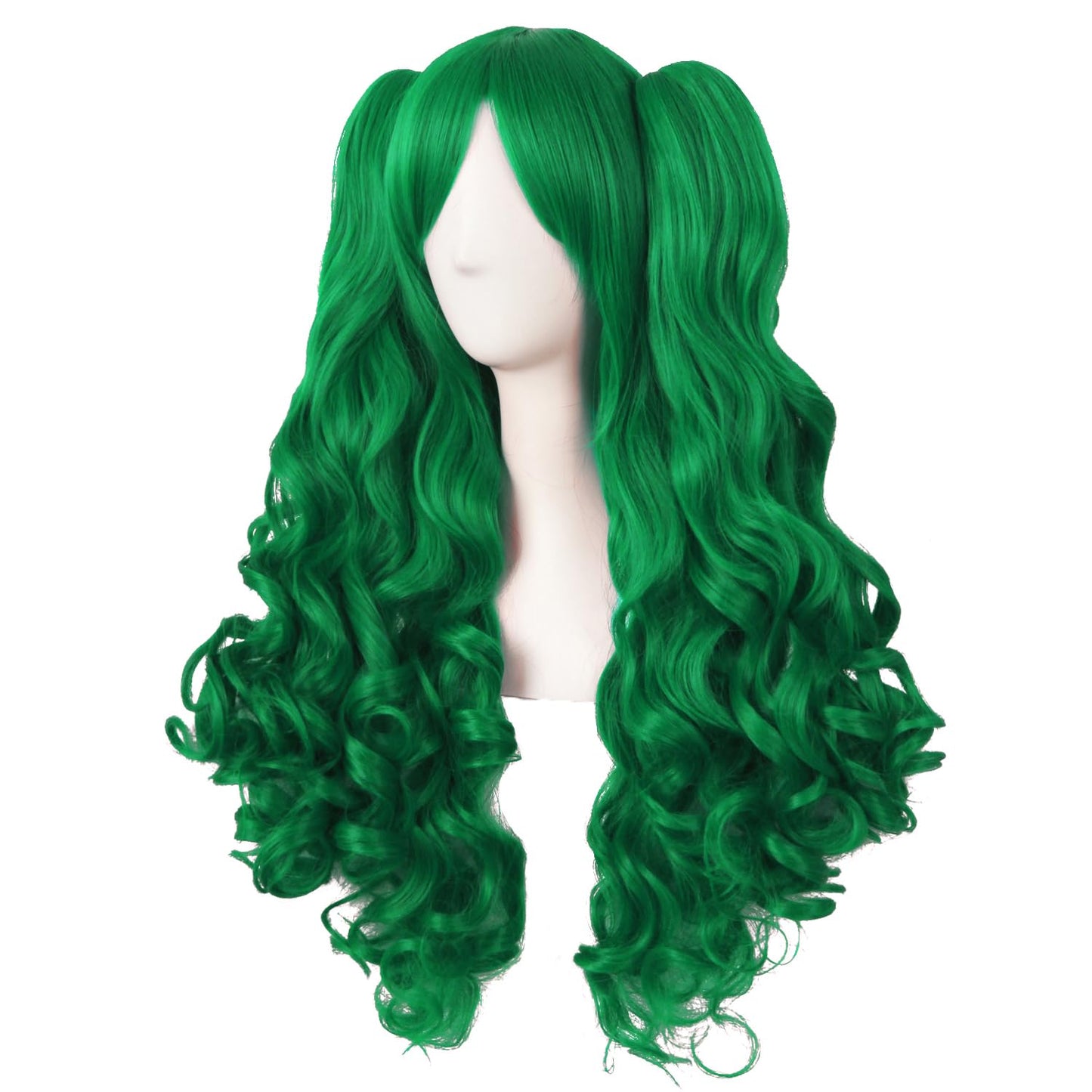 MapofBeauty 28 Inch/70 cm Lolita Long Curly 2 Ponytails Clip on Cosplay Wig (Grass Green)