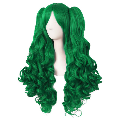MapofBeauty 28 Inch/70 cm Lolita Long Curly 2 Ponytails Clip on Cosplay Wig (Grass Green)