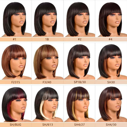 ToyoTress Black Mix Brown Bob Wig With Bangs - 8 Inch Brown Blunt Cut Bob Wigs For Black Women, Short Straight Light Yaki Synthetic Hair Replacement Wigs Daily Costume Cosplay (8 Inch, SP1B/30)