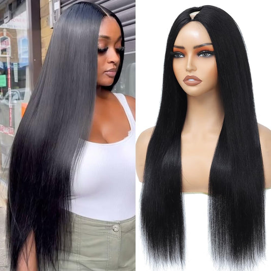Aolvoblees V Part Wigs Human Hair Straight Minimal/No Leave Out Upgrade U Part Wig for Black Women 200% Density Clip in Half Wig No Lace No Glue No Sew Natural Black 22 Inch
