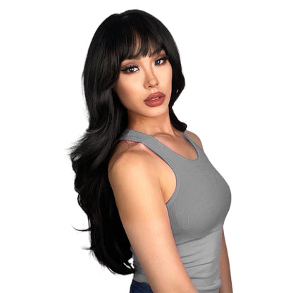 N NAYASA Long Black Wigs with Bangs Layered Wigs for Women Synthetic Heat Resistant Wig Natural Looking Realistic Wigs for Daily Party Use (24 inch)