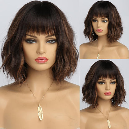EssionTech Short Dark Brown Wig with Highlight Wigs for Women Brown Mixed Gold Wig Highlights with Bangs Medium Length Synthetic Hair Wavy Bob Wig Colorful Wigs（14 Inches）