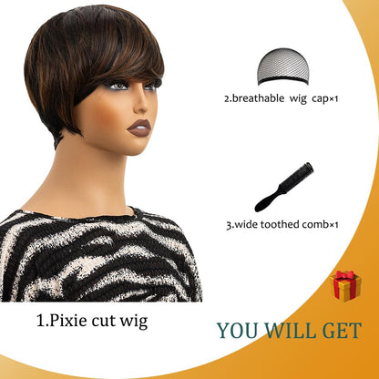 MUJGOO Pixie Wigs Short Wigs for Black Women Brown Short Pixie Cut Wigs for Black Women Layered Wigs with Bangs for Women (Mixing black and brown)