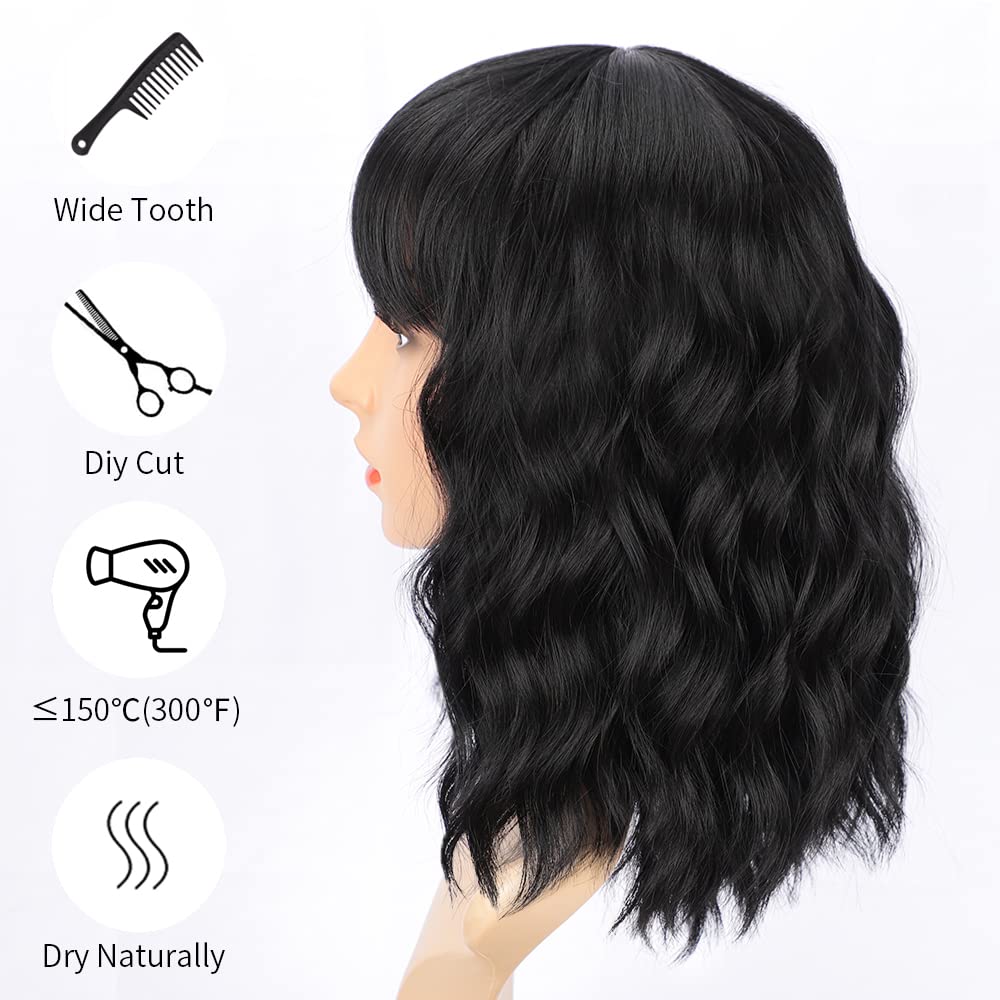 AISI HAIR Bob Curly Wig Synthetic Short Black Wig with Bangs Natural Looking Heat Resistant Fiber Hair for Women