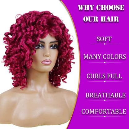 andromeda Hot Pink Wigs for Black Women Soft Short Curly Wig with Bangs Heat Resistant Synthetic Fiber Hair Wigs for African American Black Women（Hot Pink）