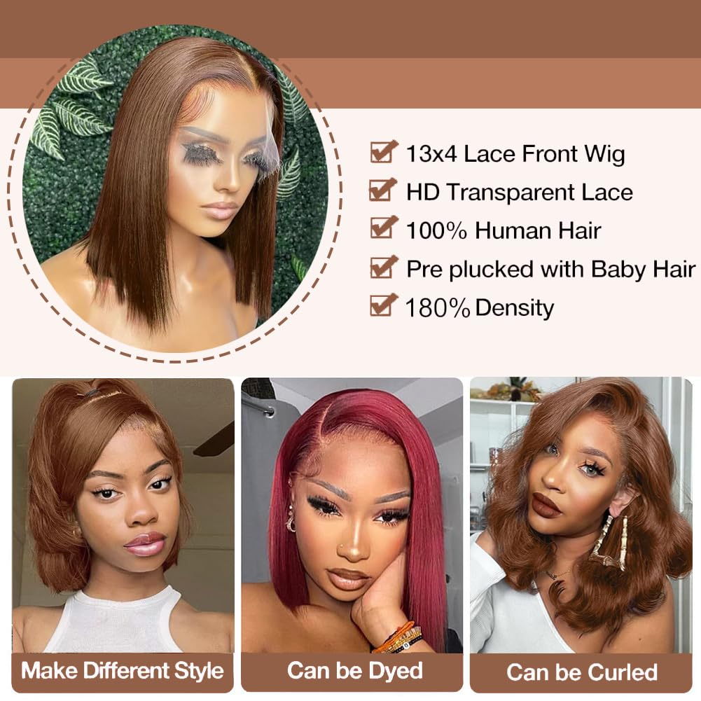 Brown Bob Wig Human Hair 13x4 Lace Front Wigs Cchocolate Brown Wig Short Straight Bob Lace Frontal Wigs for Black Women Pre Plucked with Baby Hair 180% Density 10 Inch