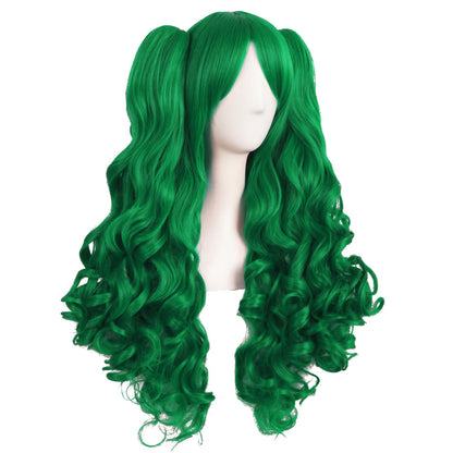 MapofBeauty 28 Inch/70 cm Lolita Long Curly 2 Ponytails Clip on Cosplay Wig (Grass Green)