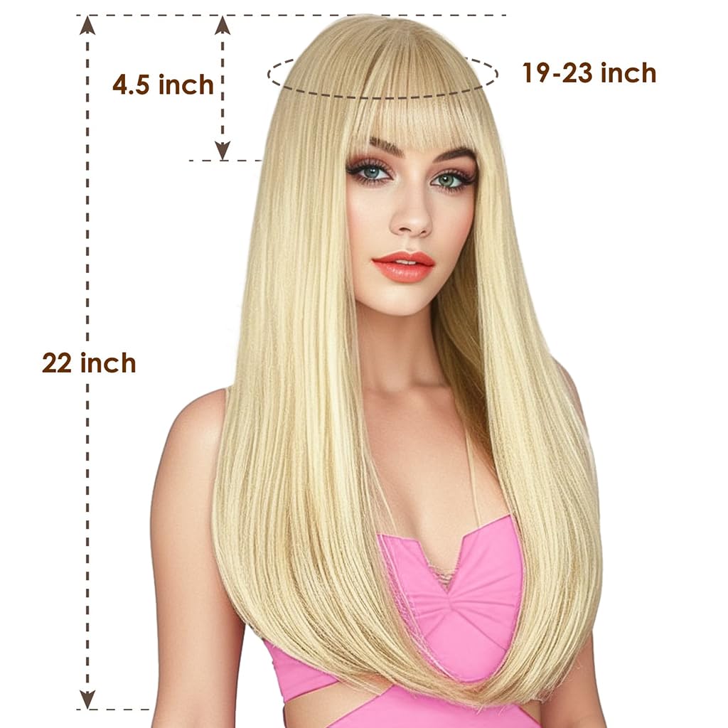 ENTRANCED STYLES Blonde Wig with Bangs, Long Straight Wigs for Women Natural Hair Wigs Synthetic Blond Wigs for Girls Daily Party Halloween Cosplay Wig 22 Inch
