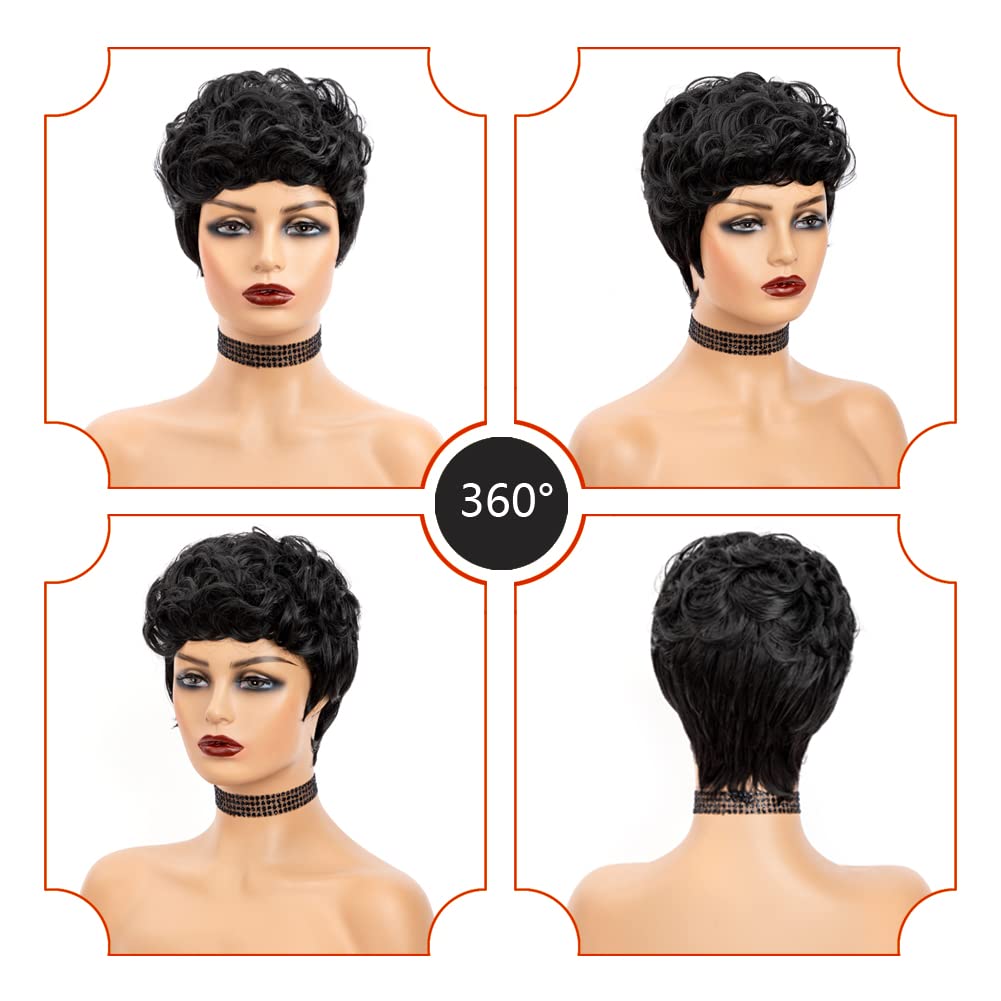 MUJGOO Natural Black Pixie Cut Wig for Black Women Synthetic Pixie Wigs Curly Short Wigs for Black Women Black Layered Wig with Bangs Wavy Short Curly Wig(Black)