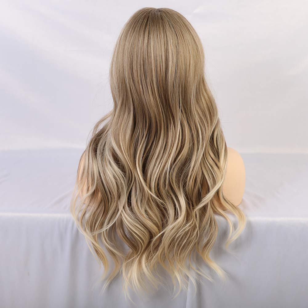 HAIRCUBE 24 Inch Ash Blonde Wig Long Curly Wigs for Women Heat Resistant Synthetic Wigs for White Women with Bangs Gray