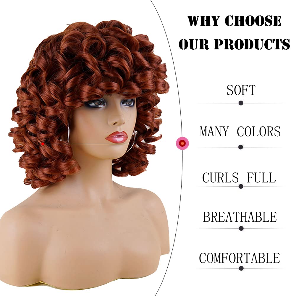 andromeda Auburn Wigs for Black Women Soft Short Big Curly Wig with Bangs Afro Loose Cute Curly Heat Resistant Natural Looking Synthetic Wig for African American Women(350#)