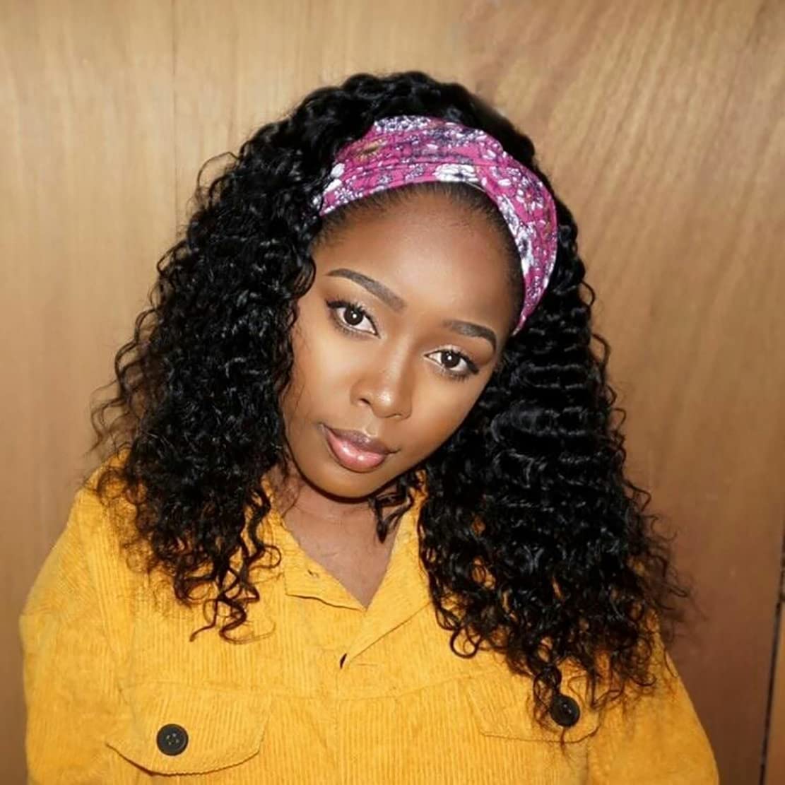 Headband Wig Human Hair Deep Wave 14 inch Glueless None Lace Front Human Hair Machine Made Half Wigs for Black Women Human Hair Headband Wig Deep Wave 150% Density Natural Color