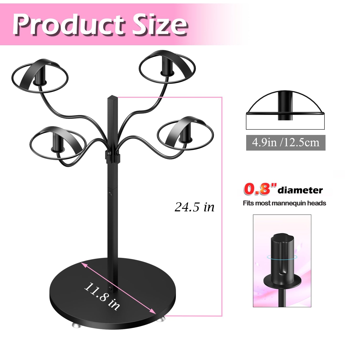 Lhysn Wig Stands - Multiple Wig Hanger Display Rack, Holder, Storage Organizer for Mannequin Head Metal Rack Stand (Black with 4 Holders)