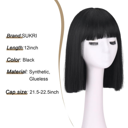 Short Black Straight Wig with Bangs Black Wigs for Women Bob Shoulder Length Wigs Heat Resistant Fiber Synthetic Hair Wigs Hair Replacement Natural Looking(12INCH)